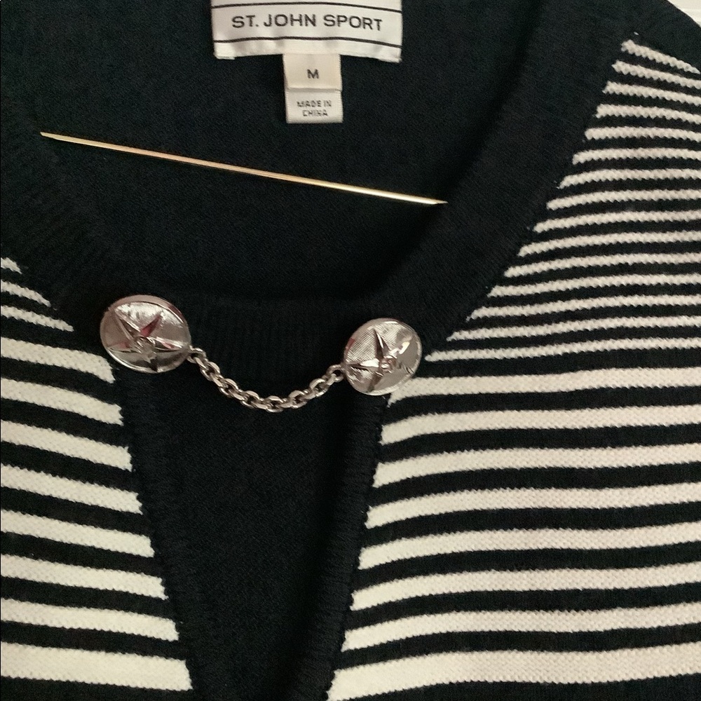 St. John cardigan black/beige. Size M.  Has 2 silver embellishments @ neck.